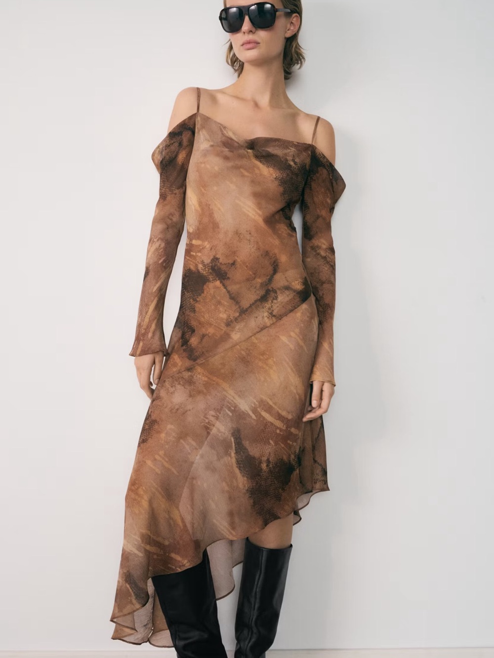 MANGO Brown Off-Shoulder Asymmetric Slip Dress